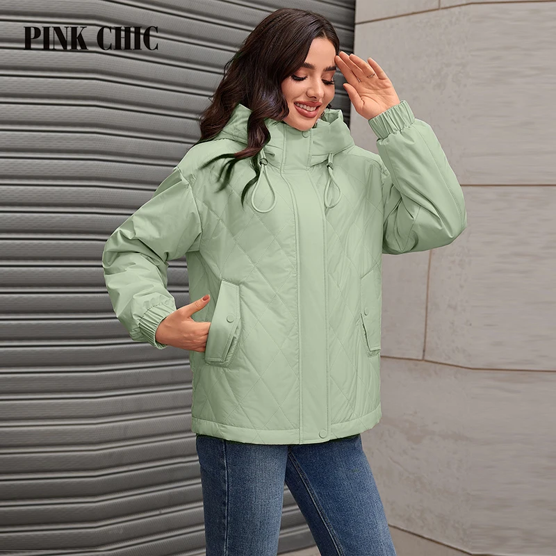 PINK CHIC Spring 2024 Women\'s Parka Jacket Loose Track Women\'s Jacket Fashion Jacket Quilted Thin Cotton S3056