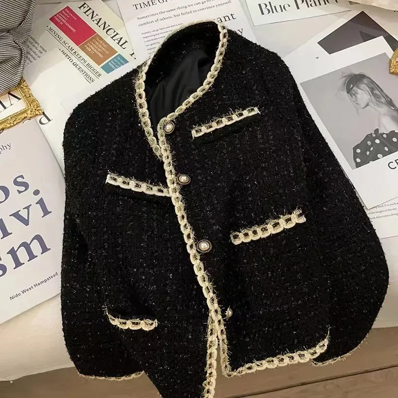 Black Short Small Fragrance Jacket Women 2026 Spring Autumn New Coat Tweed Gold Thread Woven Overwear Casual Suit Jackets Female