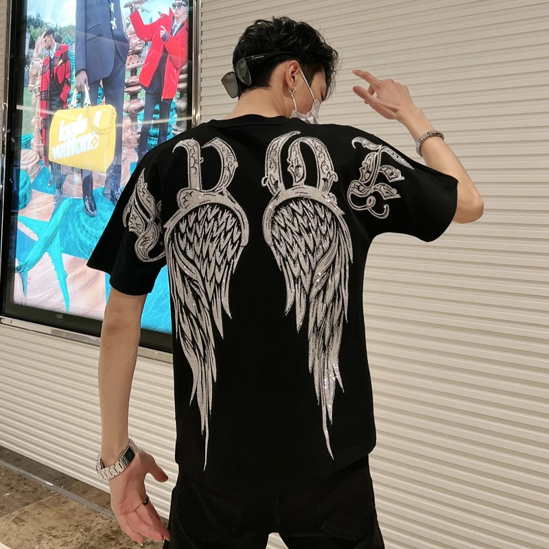 

High Quality Domineering Wings Hot Drilling Men/women Tshirts Plus Size Shiny Diamonds Letters Black Short Sleeve Cotton T Shirt