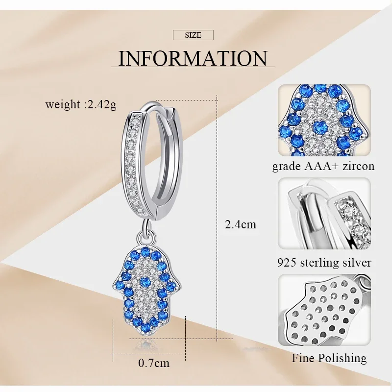 Kaletine Orecchini pendenti a mano Hamsa in argento sterling 925 per le donne Orecchini turchi fortunati con occhio blu Gioielli di moda con zirconi