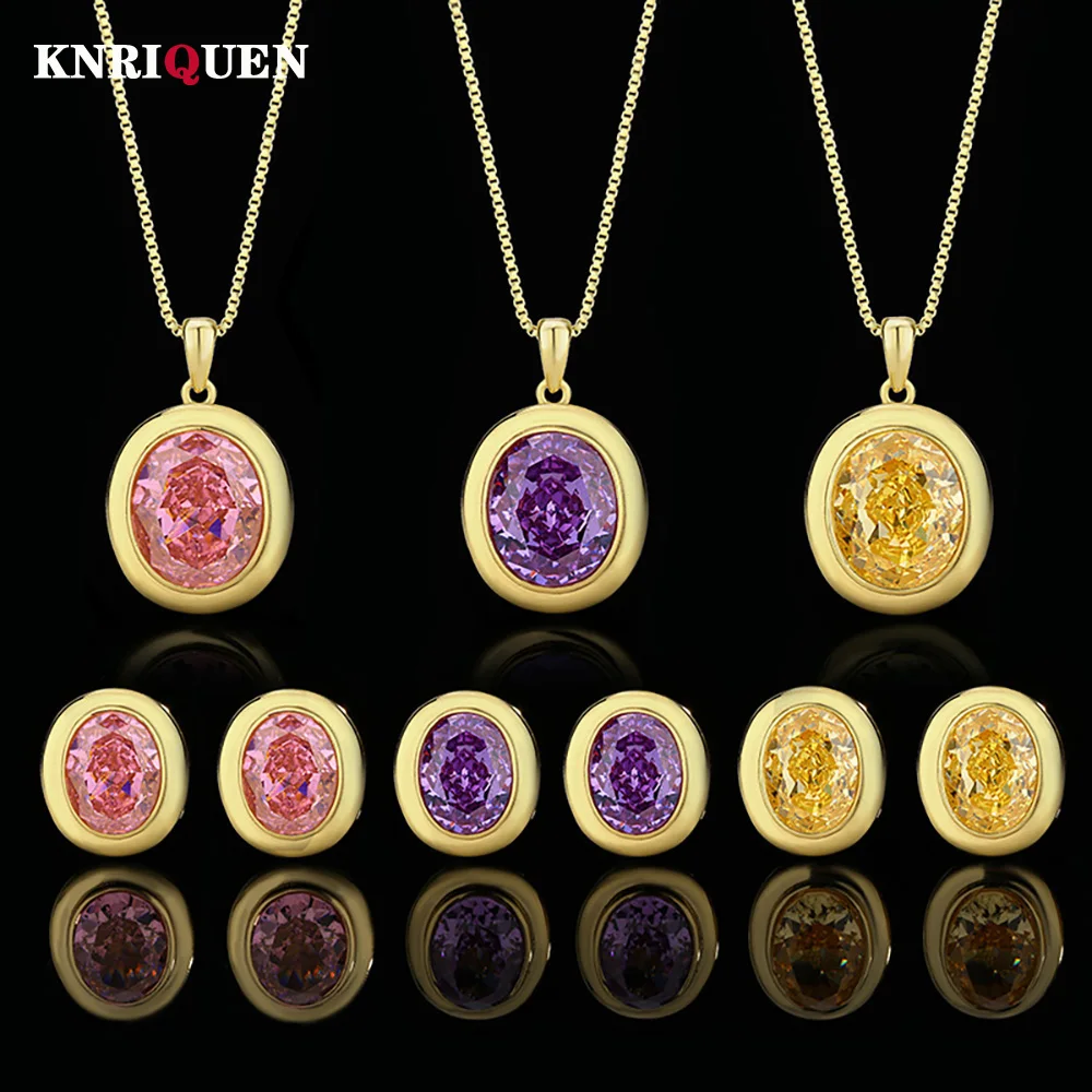 

Luxury Oval Topaz Pink Quartz Amethyst Earrings Pendant Necklace for Women Gemstone Gold-Color Wedding Jewelry Sets Girl Gift