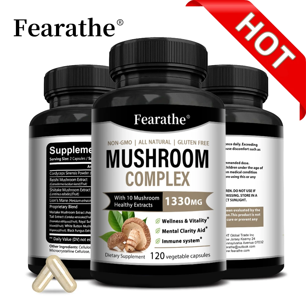 Fearathe Mushroom Complex - Contains 10 Beneficial Mushroom Extracts for Focus, Brain, Digestion, Immune Health, Antioxidants