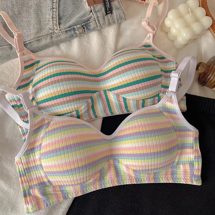 Retro Stripe Rainbow Horse Wireless Bra Thin Seamless Underwear for Teenage Girls Small Chest Gathered Comfortable Innerwear