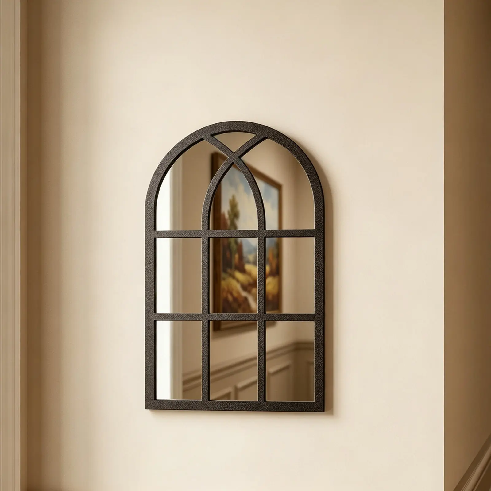 Black Arched Window Mirror Vintage Cathedral Style Rustic Gothic Arch Frame Farmhouse Faux Window Wall Hanging Decorative Mirror