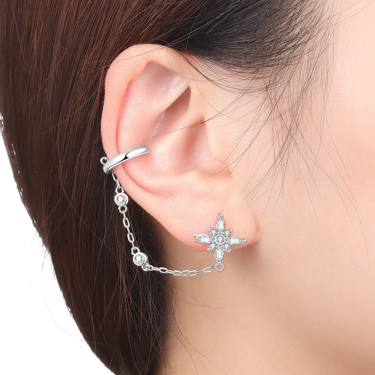 Orstarry Original 925 Sterling Silver Sparkling Flower Earrings Ear Clips Earrings Women Stud Earrings Anniversary Jewelry Gifts view 3