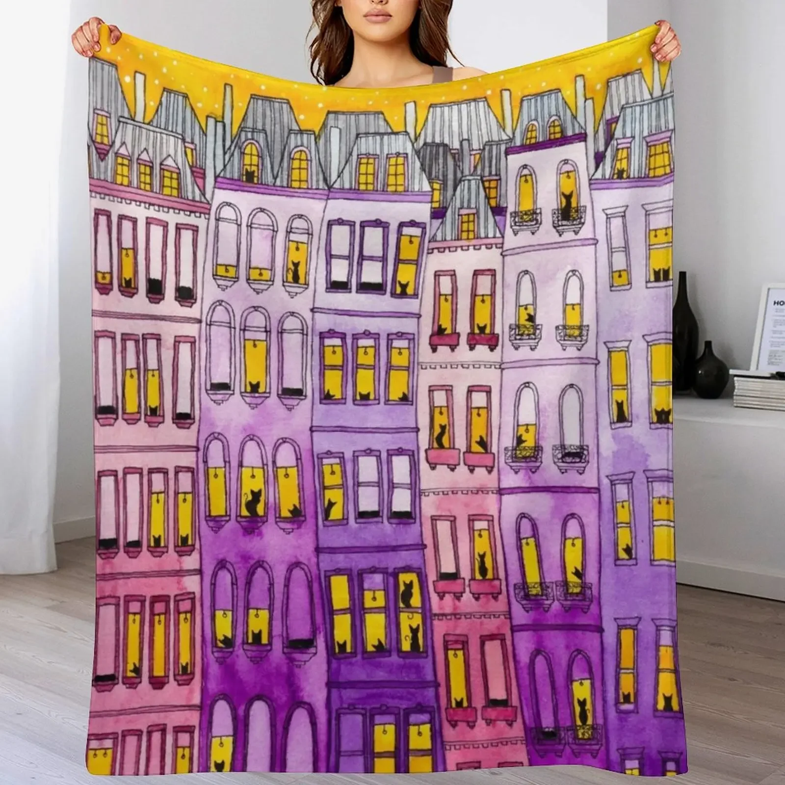 

Pink & Purple Townhouse Cats Throw Blanket Summer Decorative Sofas Sofa Quilt Designers Blankets