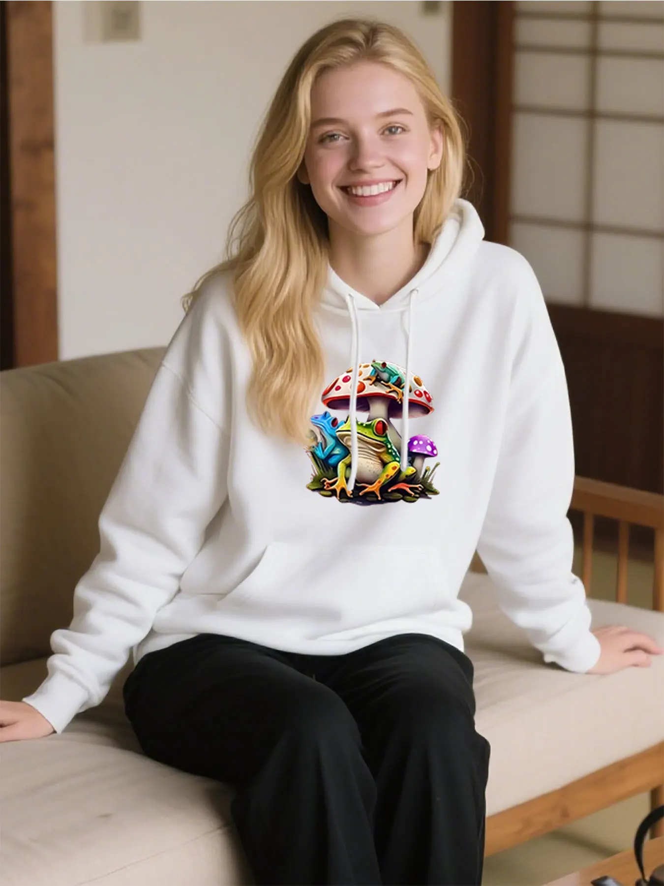 

Women's Soft Fabric Hoodie with Frog Mushroom Print Comfortable Thanksgiving Gift Idea for Ladies