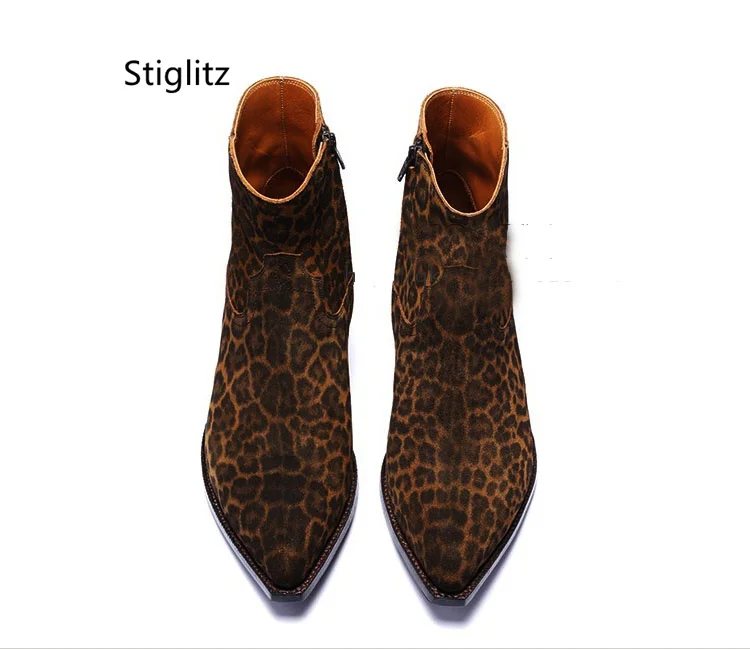 Western Cowboy Ankle Boots for Men Pointed Toe Frosted Leather Chelsea Boots Side Zipper Breathable Heightened Men\'s Shoes