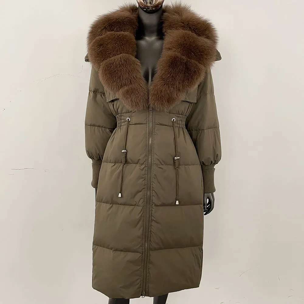 

OFTBUY Пальто из натурального меха Зимняя женская куртка из натурального меха Белая утиная пуховая куртка выше колена Slim Fit с воротником из лисьего меха Длинная куртка-пуховик