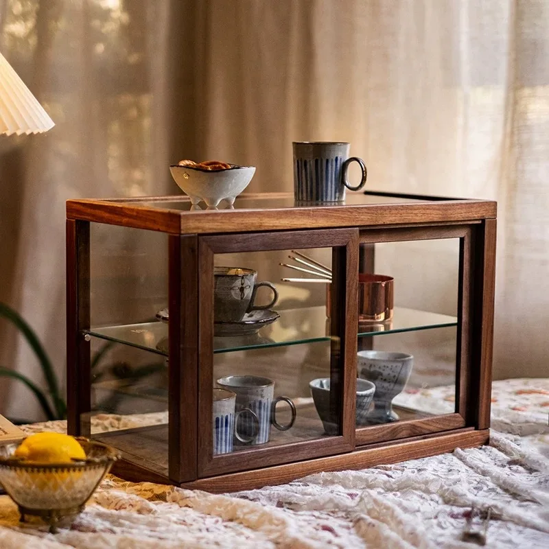 Dustproof Walnut Glass Cabinet for Dessert Cake Cup Tea Ware Storage