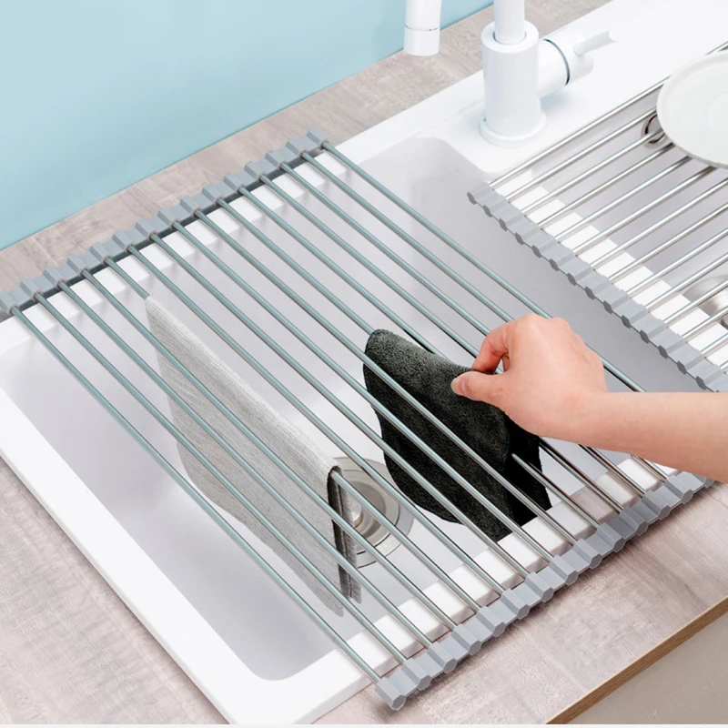 Stainless Steel Foldable Drain Roll-up Dry Tool, Kitchen Sink Storage Rack, Bowl and Tableware Storage, Fruit and Vegetable Drip