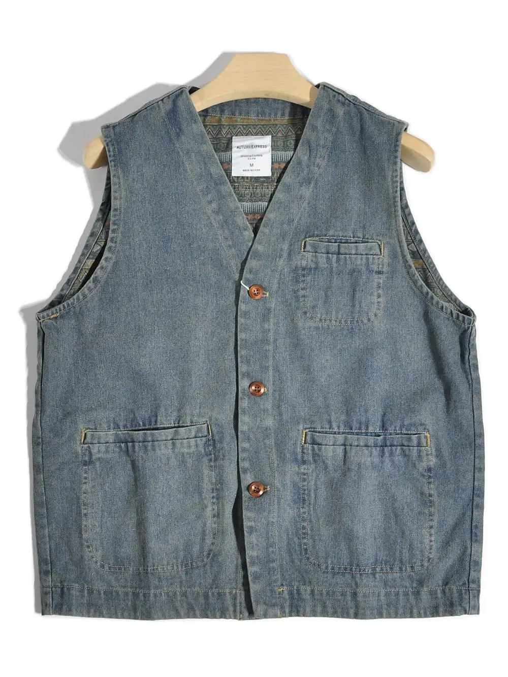 100% Cotton Washed Japanese Ethnic Style Amekaji HK Style V-neck Denim Vest American Vintage Casual Vest Shoulder