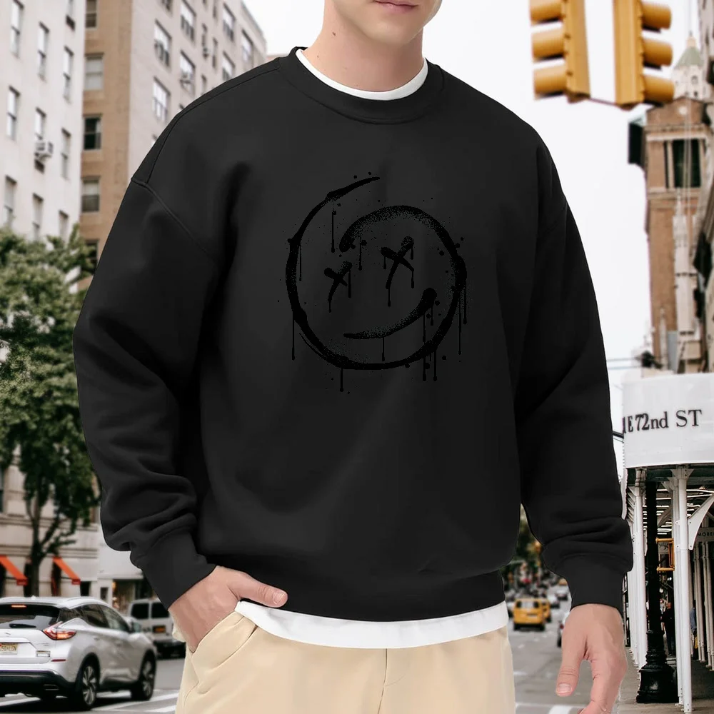 

Men's Black Crew Neck Loose Sweatshirt, Street Style Cool Smiley Face Graffiti Print Top, Versatile for Everyday Casual Wear, Comfortable and Soft Trendy Item