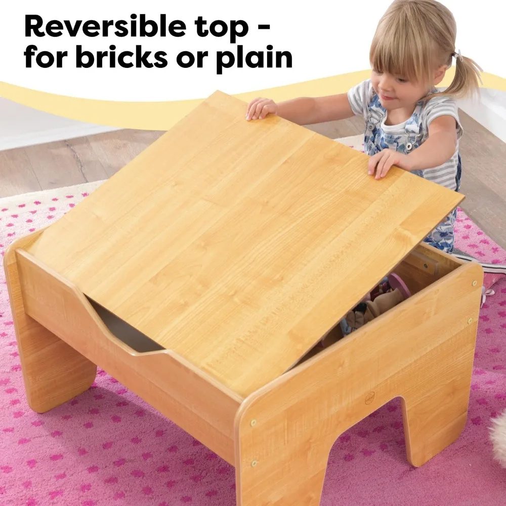 Reversible Wooden Activity Table with 195 Building Bricks, Gray & Natural, Gift for Kids Age 3+