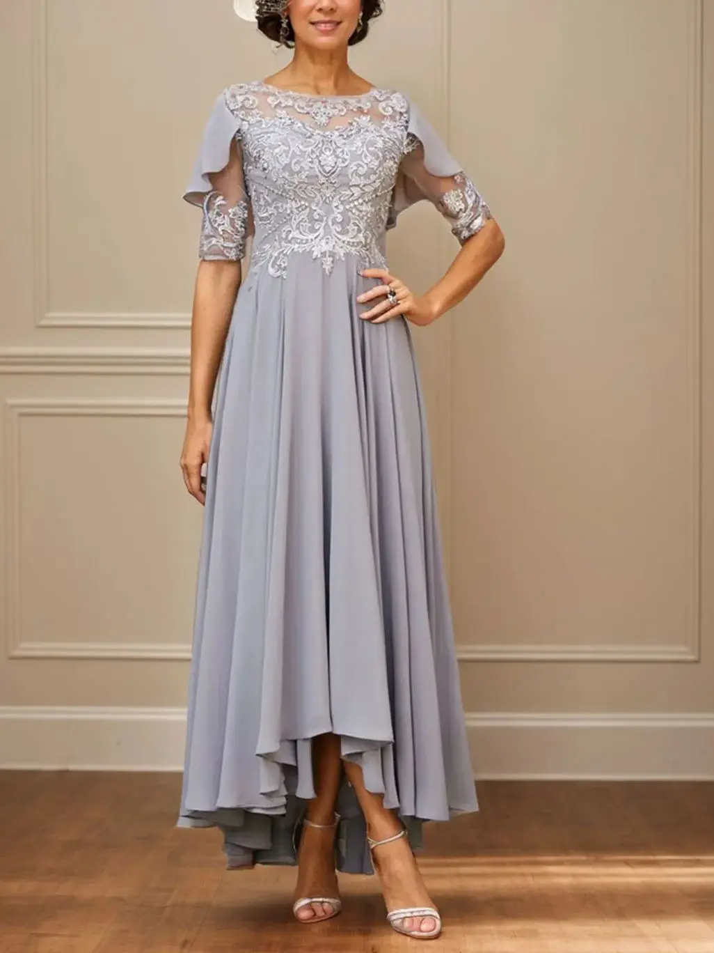 

Элегантное свадебное платье трапециевидной формы для гостей, шифоновое платье с аппликацией, прозрачным вырезом и половиной рукавов, асимметричный подол, вечернее платье 2025, бесплатно по индивидуальному заказу