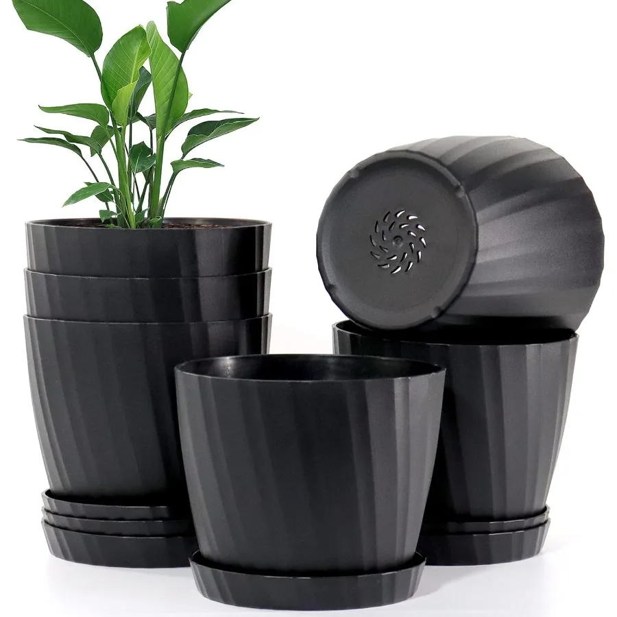 

6 Inch Plant Pots Bulk 6 Pack Plastic Planters with Drainage Holes and Saucers for Indoor Outdoor House Plants and Flowers Blac