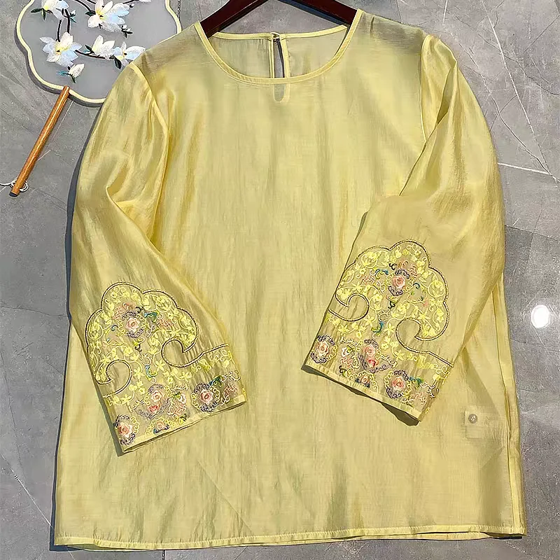 

High-end Summer Women Top Embroidery Elegant Lady Loose Blouse Traditional Chinese Garments S-XXL