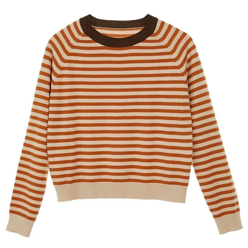 Модный и универсальный полосатый свитер контрастного цвета с круглым вырезом и длинными рукавами для женщин весной и осенью, элегантный топ