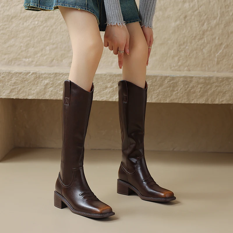 

2024 Autumn Women Boots Solid Leather Boots Winter Women Shoes Elegant Long Boots Knee High Boots Genuine Leather Heels