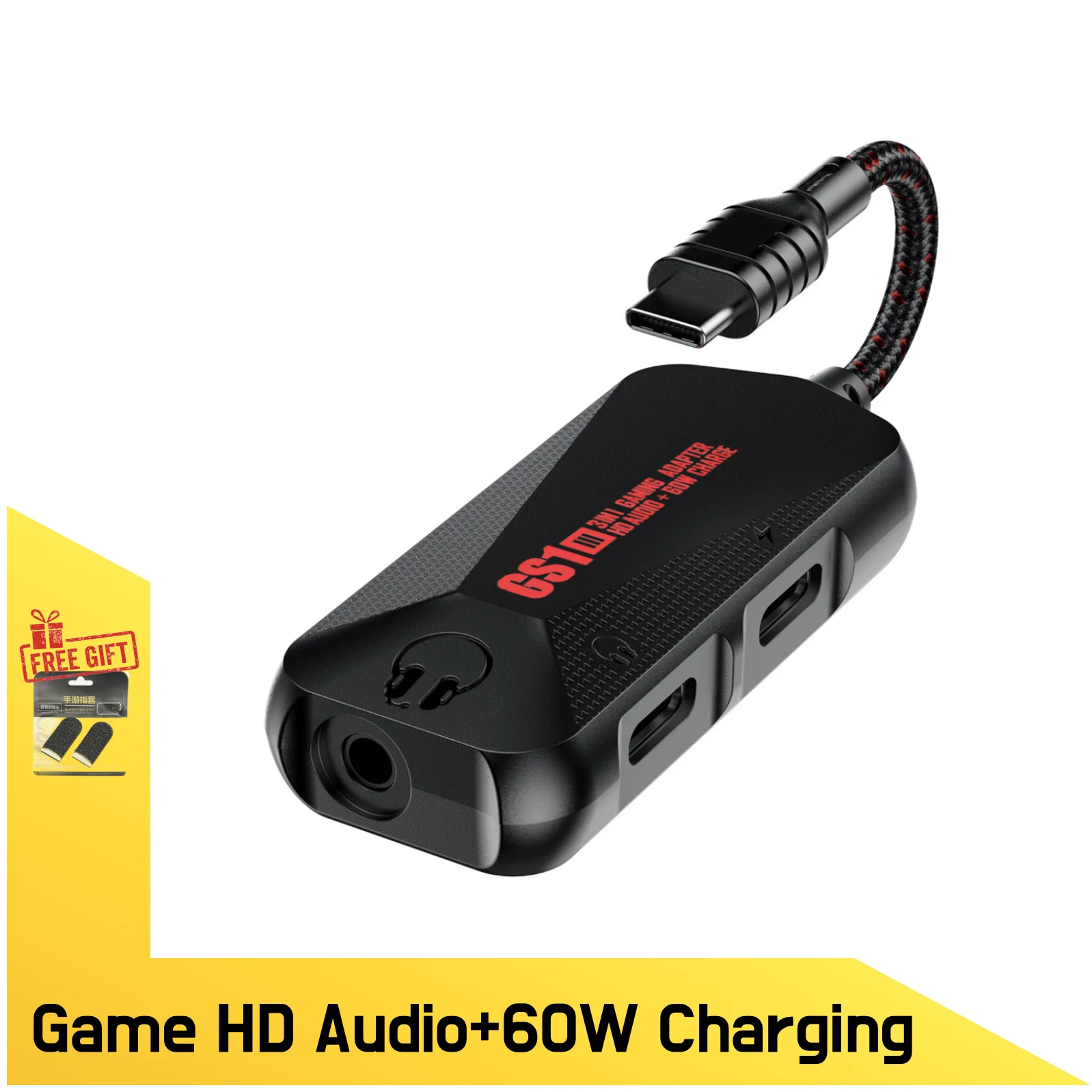 Plextone GS1, 3 in 1 Type-C Gaming Adapter, USB-C to USB-C/3.5mm Audio Converter with 60W Charging, for iPhone/iPad/MacBook