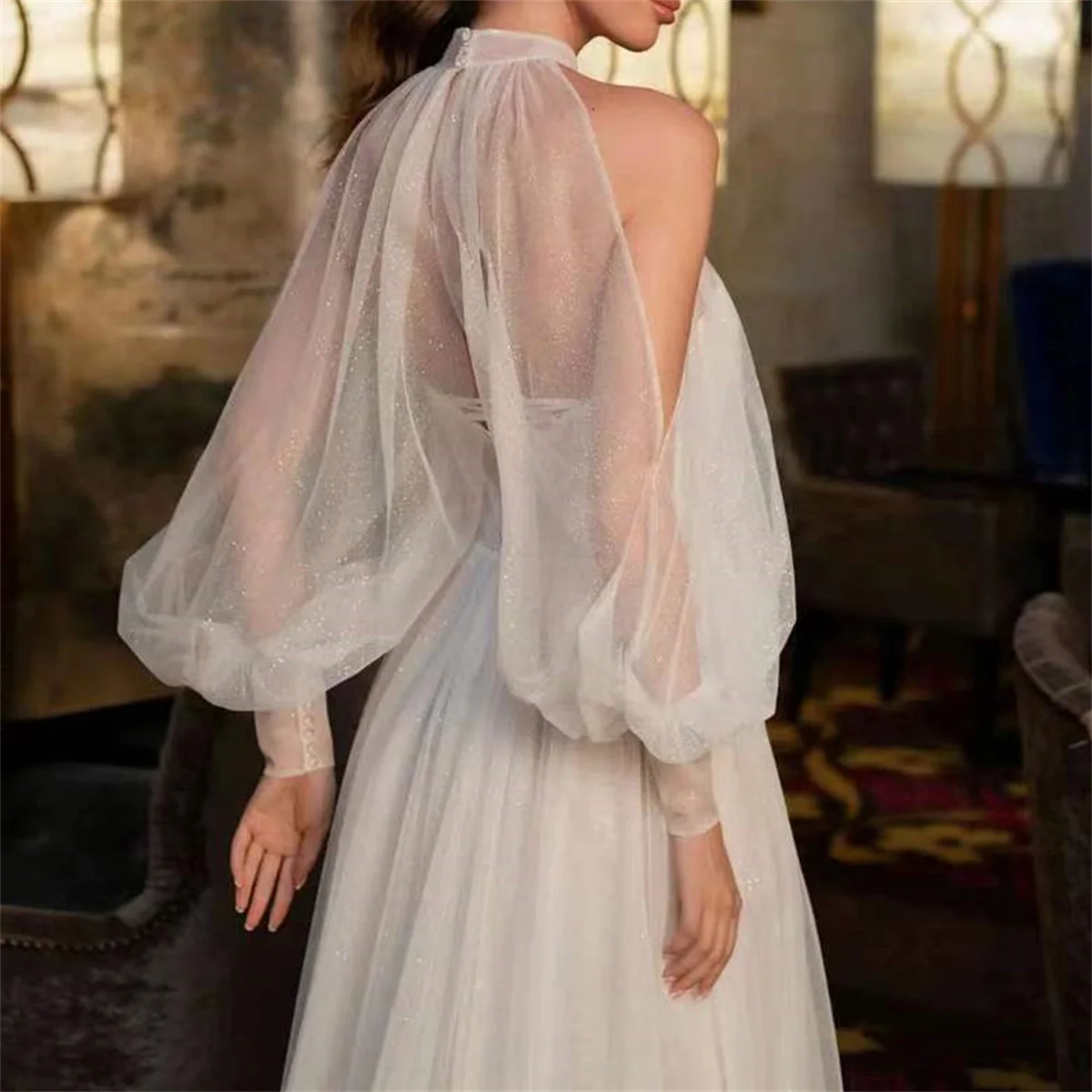 Customized Simple Style Wedding Dress High Neck Sheath Tulle Strapless Long Sleeve Pearl Corset Split Wedding Dresses For Woman