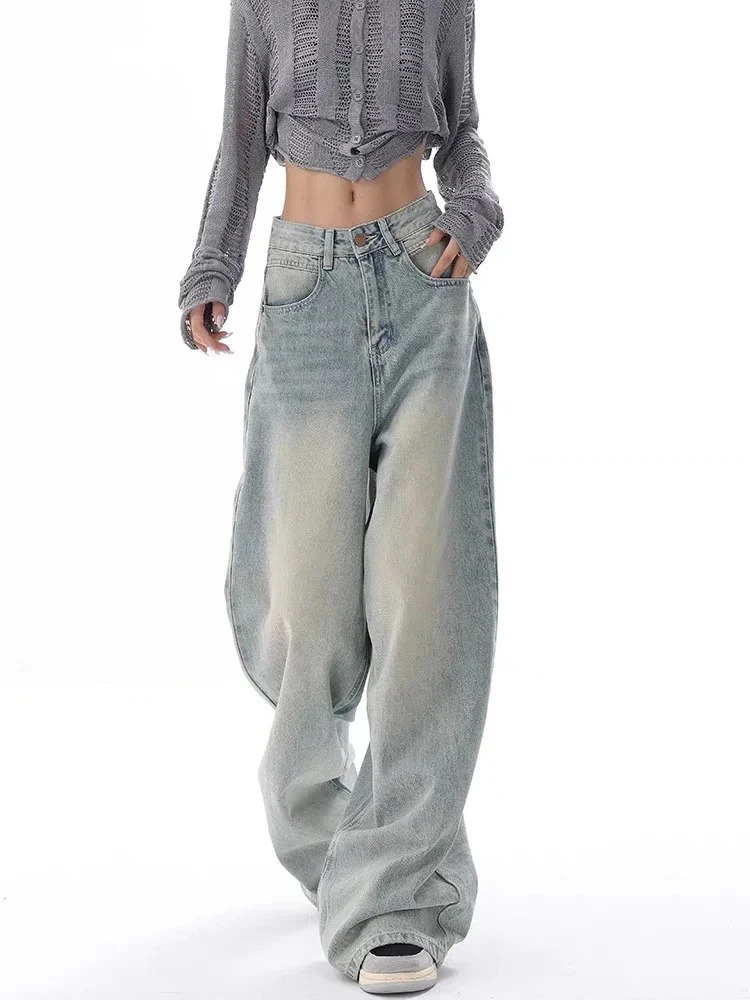 

Джинсы-багги HOUZHOU Y2K женские в стиле Харадзюку, уличная одежда в стиле ретро, Модные осенние штаны с завышенной талией, свободные брюки из денима с широкими штанинами для женщин