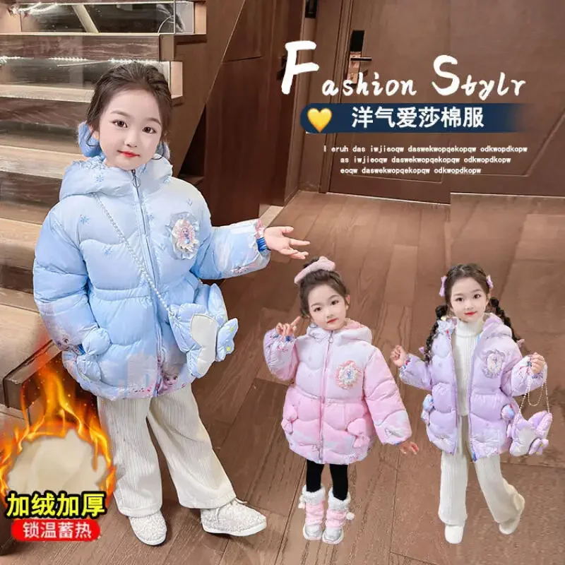 

Winter Cartoon Elsa Girls Princess Thicken Cotton Coat Disney Children Fashion Cotton Padded Jacket Plus Velvet Coat with Bag