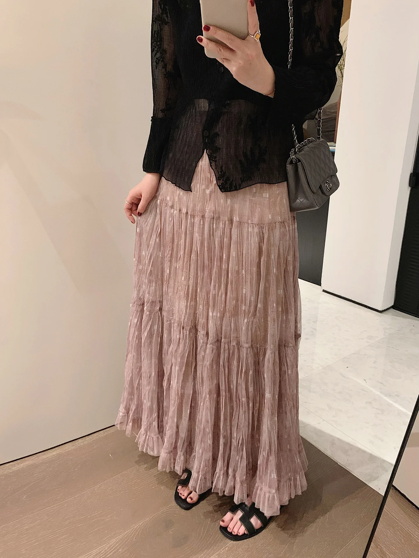 

Misslady Retro Plaid Skirt Women's High Waist Half Body Long Fairylike Drapey Hip Concealing Slimming Tulle Skirt