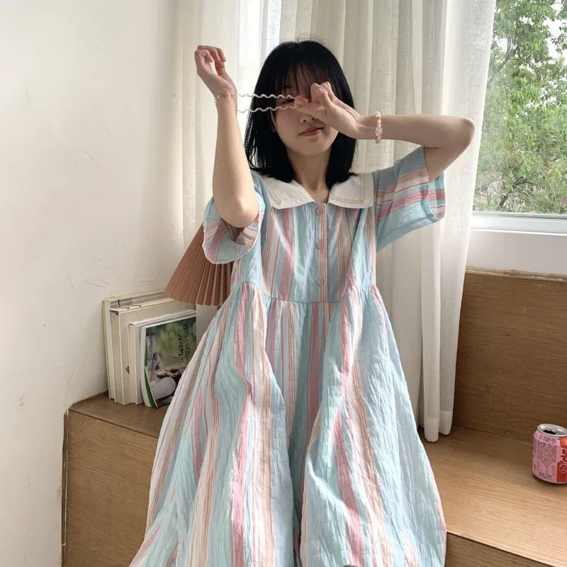 

Шикарное модное женское платье с матросским воротником и коротким рукавом, новинка 2024, свободные женские платья в стиле колледжа с цветными полосками, женское платье