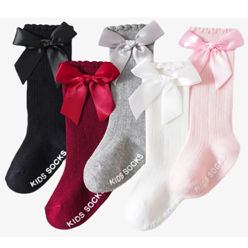 Girls' sock spring autumn mesh socks toddler long socks girls' stocking babies' vertical bow tie mid-calf sock newborn
