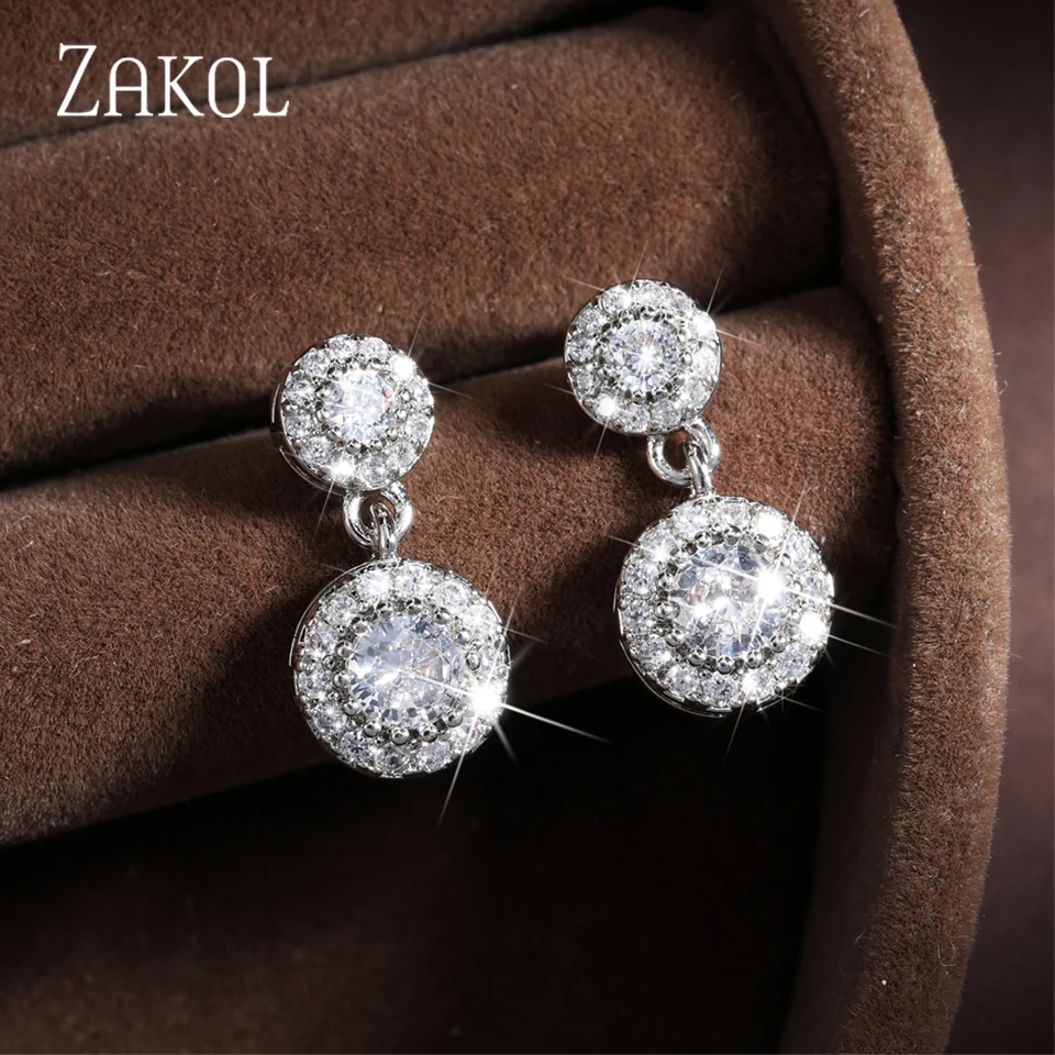 ZAKOL Fashion 2 Round Cubic Zirconia Drop Earrings for Women Korean Bridal Shiny Crystal Dangle Earing Wedding Party Jewelry