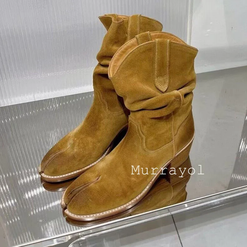 Cow Suede Split Toe Solid Color Mid-calf Boots Women Wrinkle Design Thick Heel Short Botas  Autumn Winter Retro Chelsea Boots