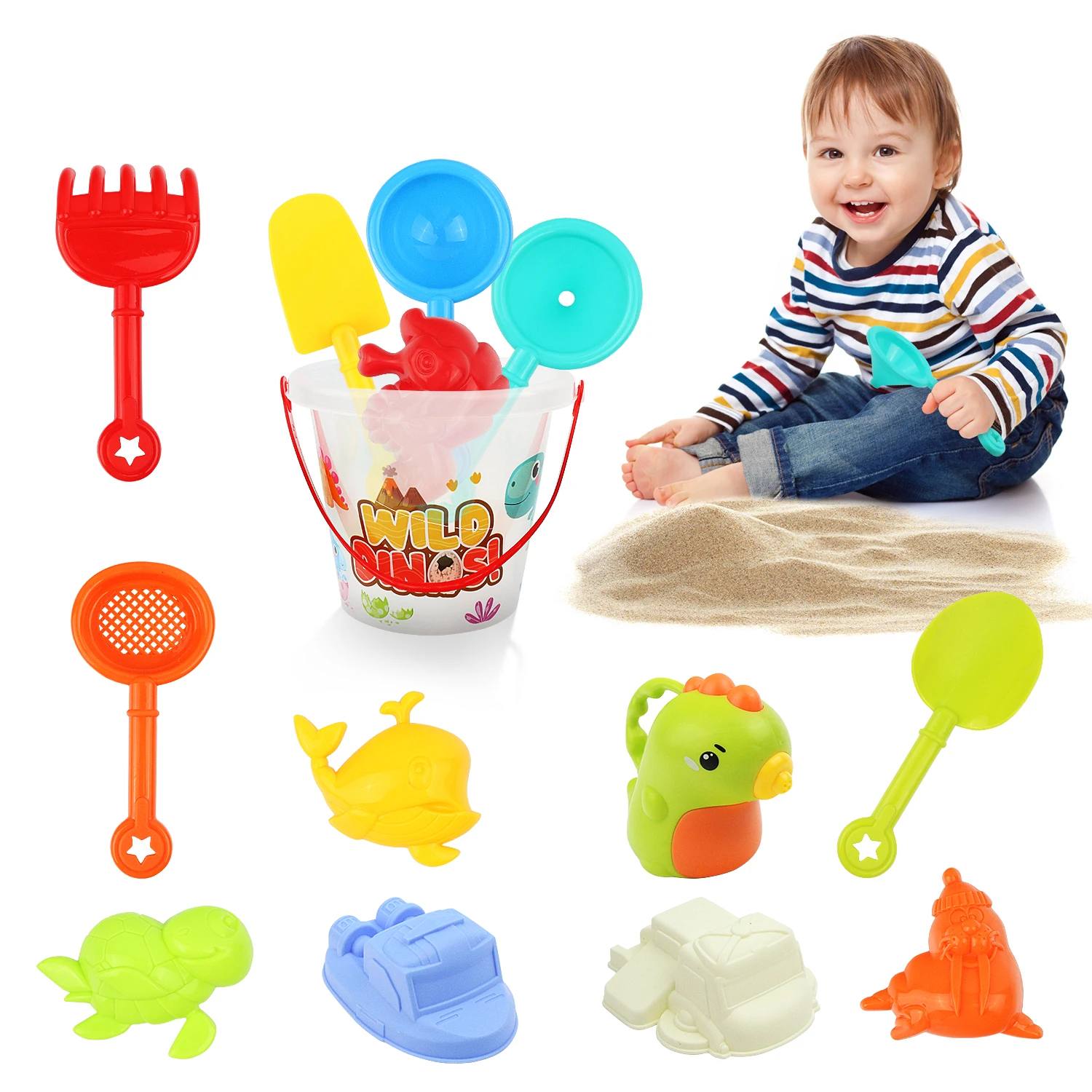 Beach toy set for children playing with sand at the beach, bucket digging, shovel tools, parent-child interaction