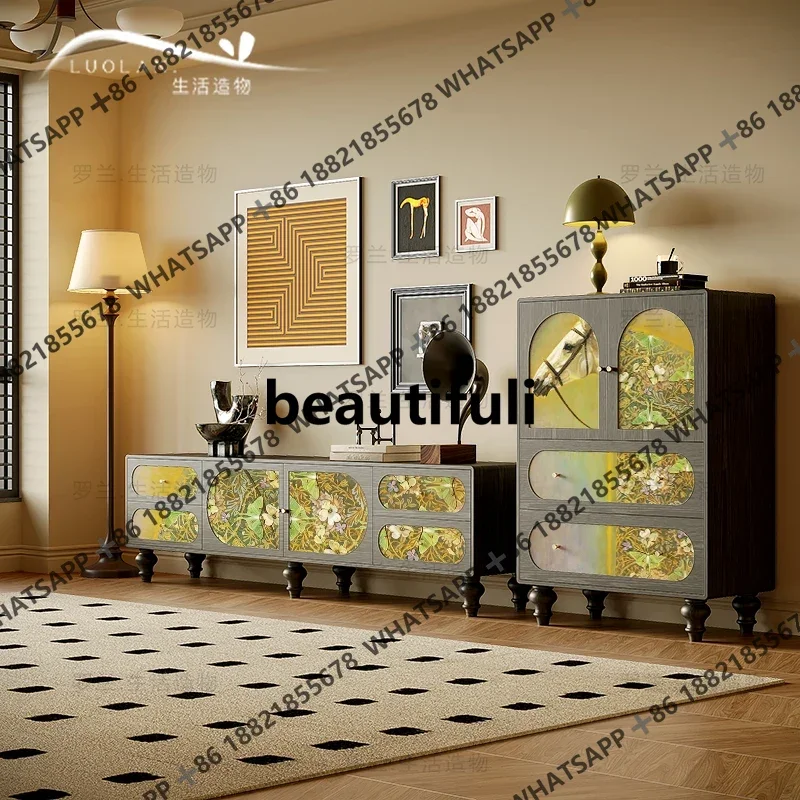 

French retro style solid wood TV cabinet living room integrated decorative storage cabinet