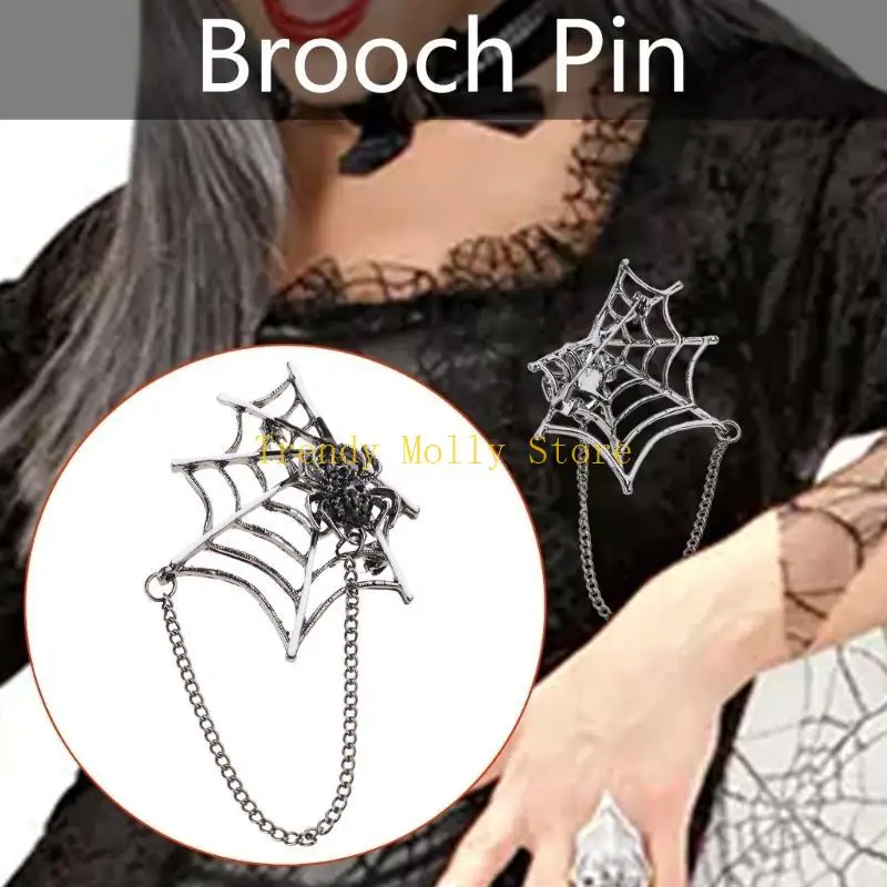 N5KB Punk Spiders Net Lapel Pin with Chain Halloween Costume Jewelry Accessories for Women Men, Punk Chain Brooch Lapel Pin