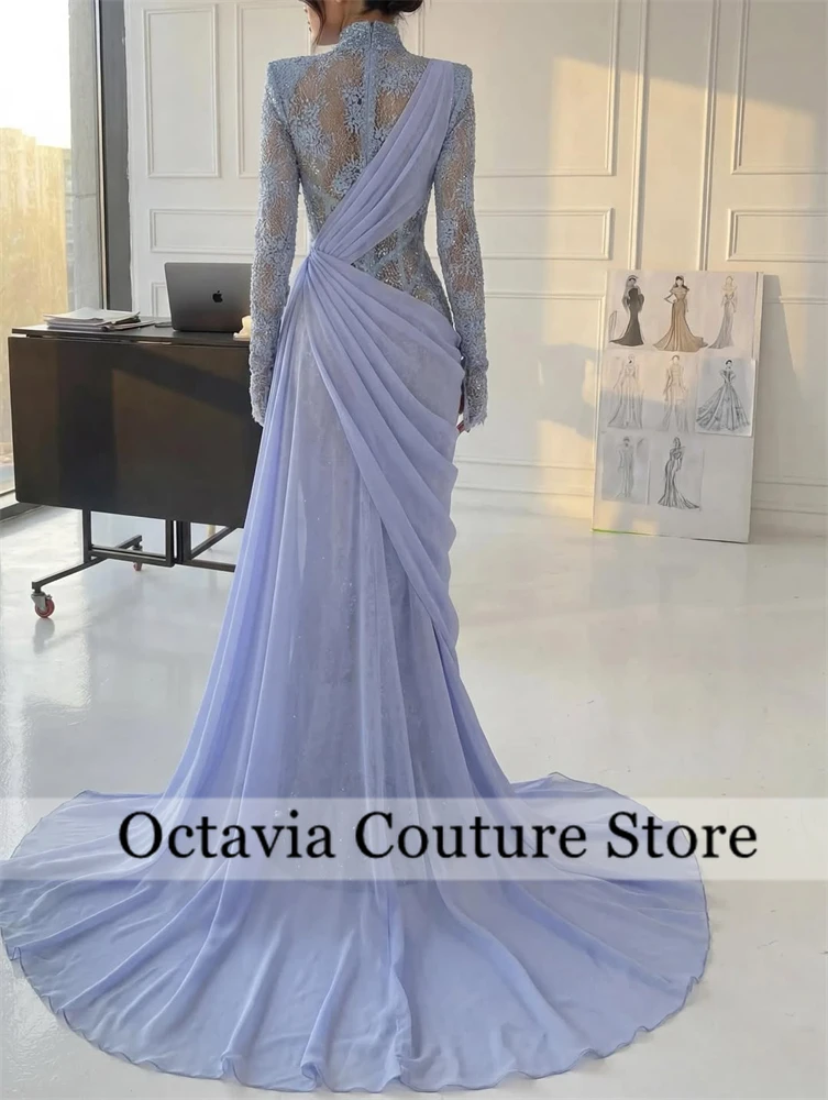 Robe de soirée en dentelle ombrée bleu clair, Sexy, col haut, manches longues, style sirène, avec traîne, tapis rouge, robe de bal formelle