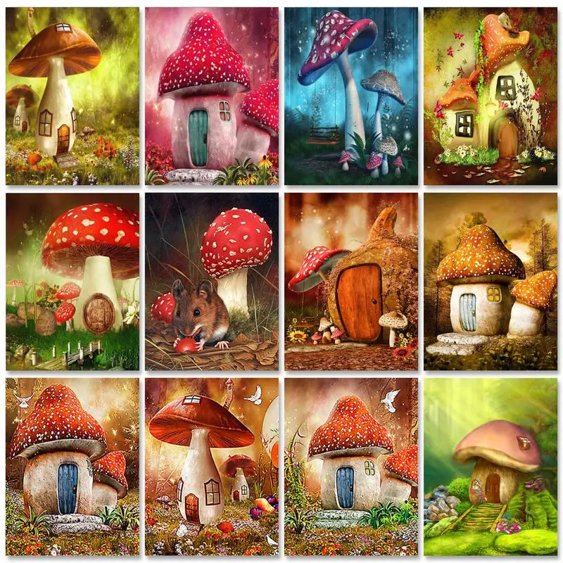 

GATYZTORY 60x75cm Painting By Numbers Kits Unique Mushroom House Landscape Paint By Number Home Living Room Art