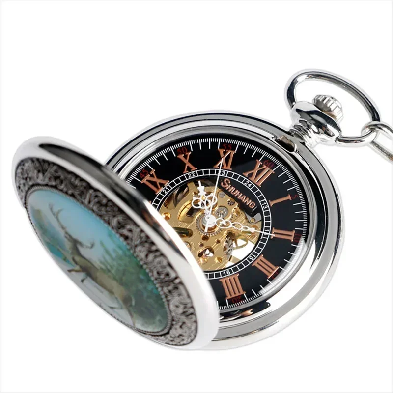 Retro Elk Design Steampunk Hand Winding Mechanical Pocket Watch for Mens Womens Full Hunter Clock with Fob Chain Roman Number