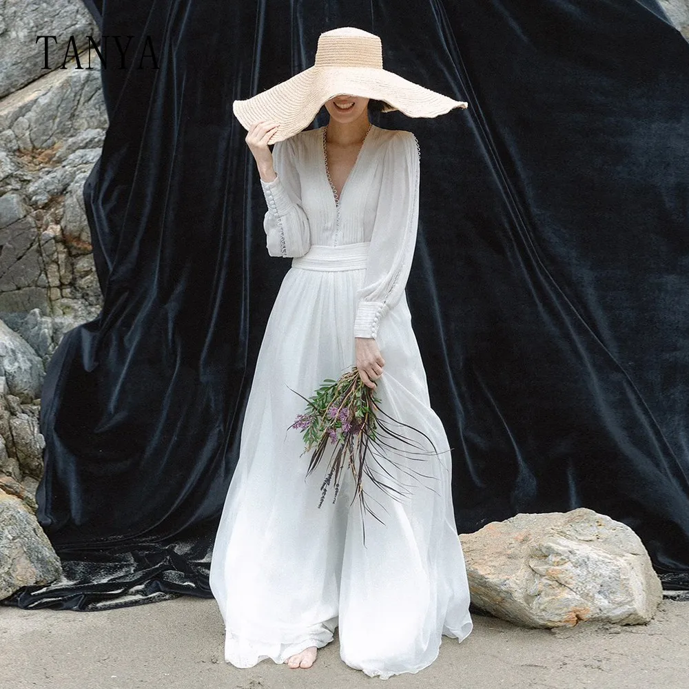 Vestido de novia de gasa con cuello en V profundo y mangas largas acampanadas, vestido de fiesta nupcial sencillo hasta el suelo, elegante G4827