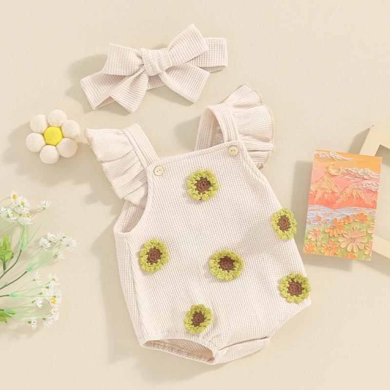 

Baby Girls Summer Sweety Lace Romper Flying Sleeve Flower Embroidery Waffles Bodysuits with Headband Cute Baby Jumpsuits