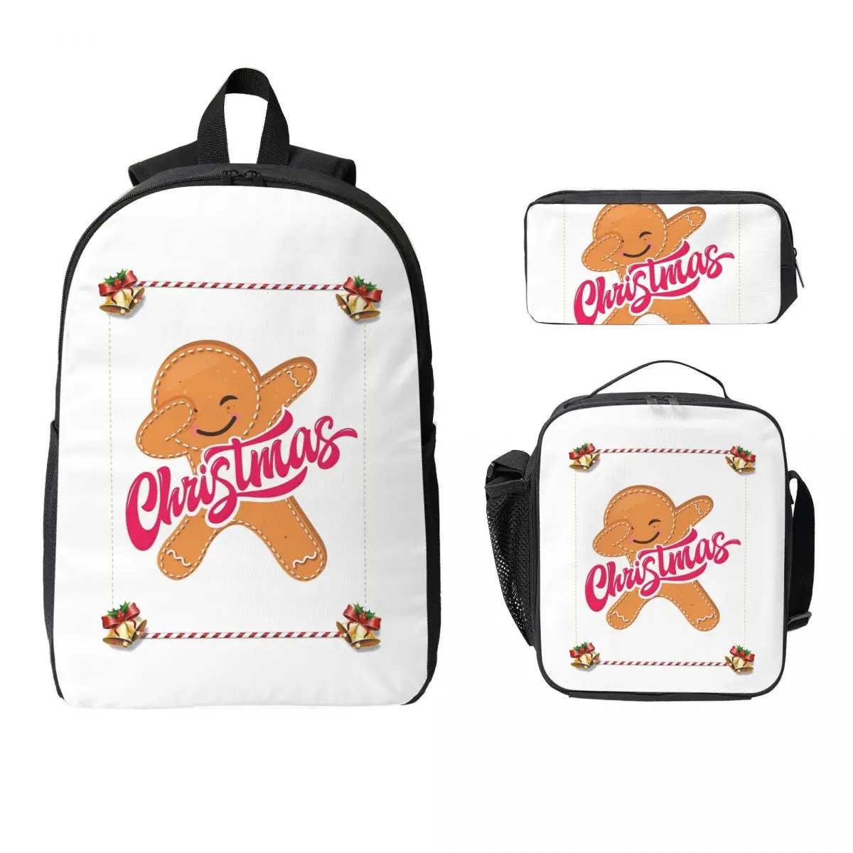 

Рождественский рюкзак с забавным пряничным человечком, школьная сумка для мальчиков и девочек, школьная сумка, 3 шт., изолированная сумка для обеда, пенал
