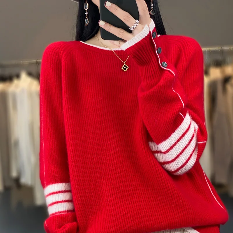 

23 Autumn And Winter New Woolen Sweater Women's Round Neck Long Sleeve Pullover 100% Pure Wool Loose Panel Plaid Style Knitwear