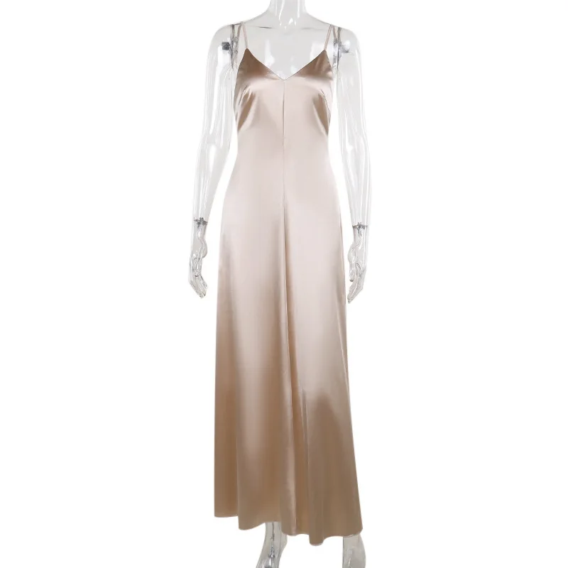 XY24609 خريف 2024 فستان جديد طويل أنيق على الطراز الاجتماعي مثير برقبة على شكل حرف v بدون ظهر من الساتان #6