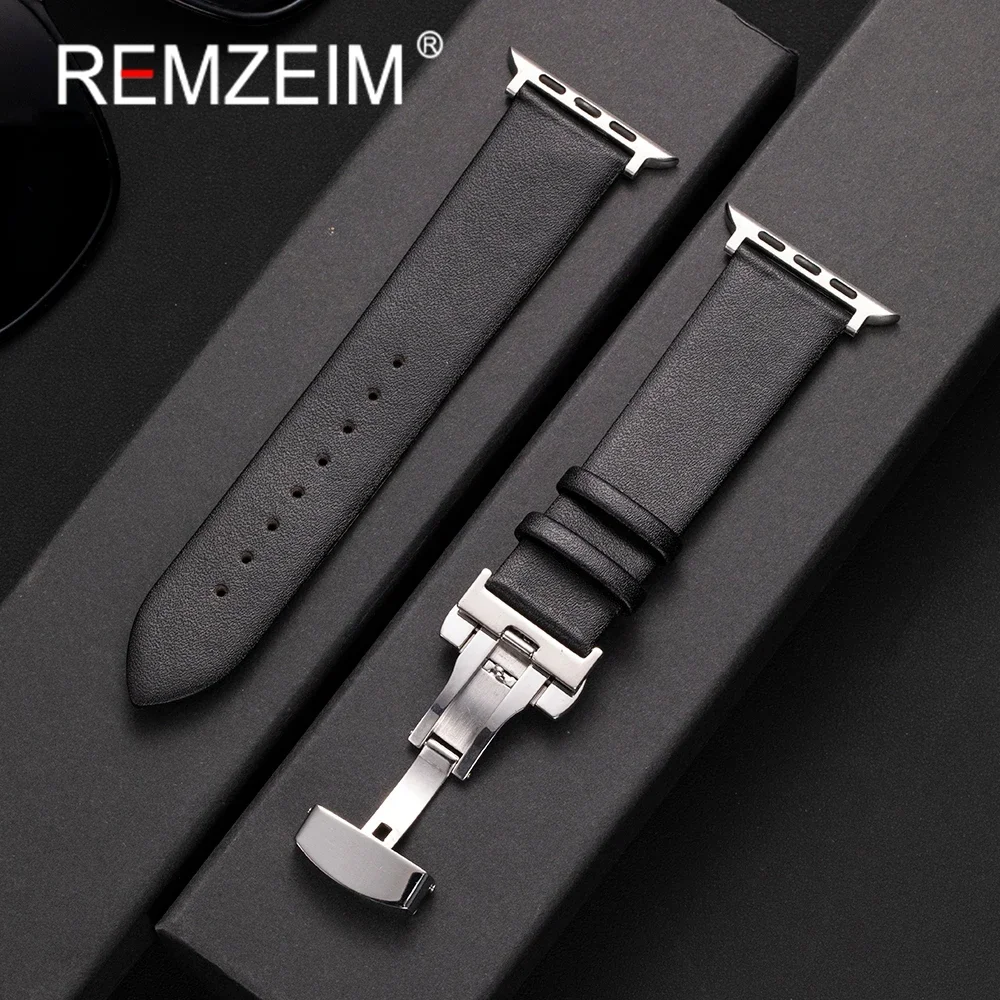 Ultradünnes Leder-Uhrenarmband für Apple Watch Band 38 40 41 42 44 45 46 49 mm Schmetterlingsschnalle-Armband für iwatch 1-10 Se