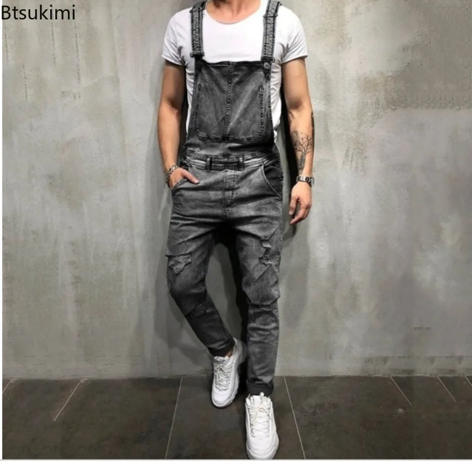 New 2024 Men's Denim Overalls Fashion Jeans Pants Jumpsuit Pants Overalls Trousers Men Streetwear Loose Distressed Pants for Men
