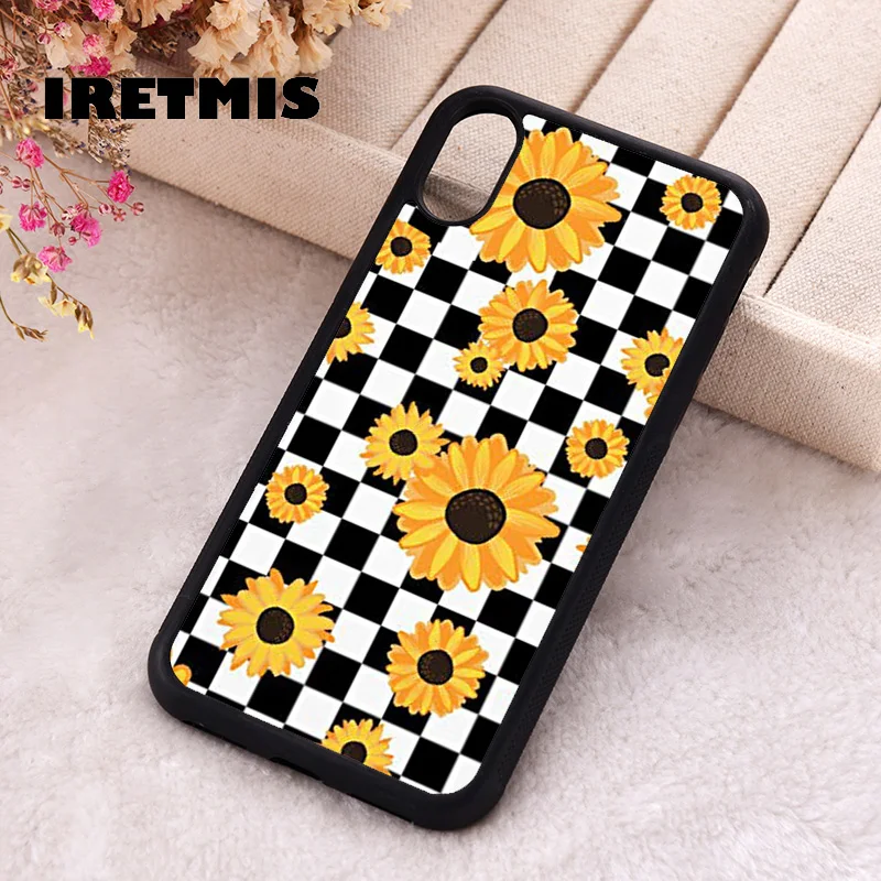 Iretmis Phone Cover Case For iPhone X XS Max XR 11 12 13 PRO MINI 14 15 16 Plus Rubber Black Checkerboard Sunflower Checkered