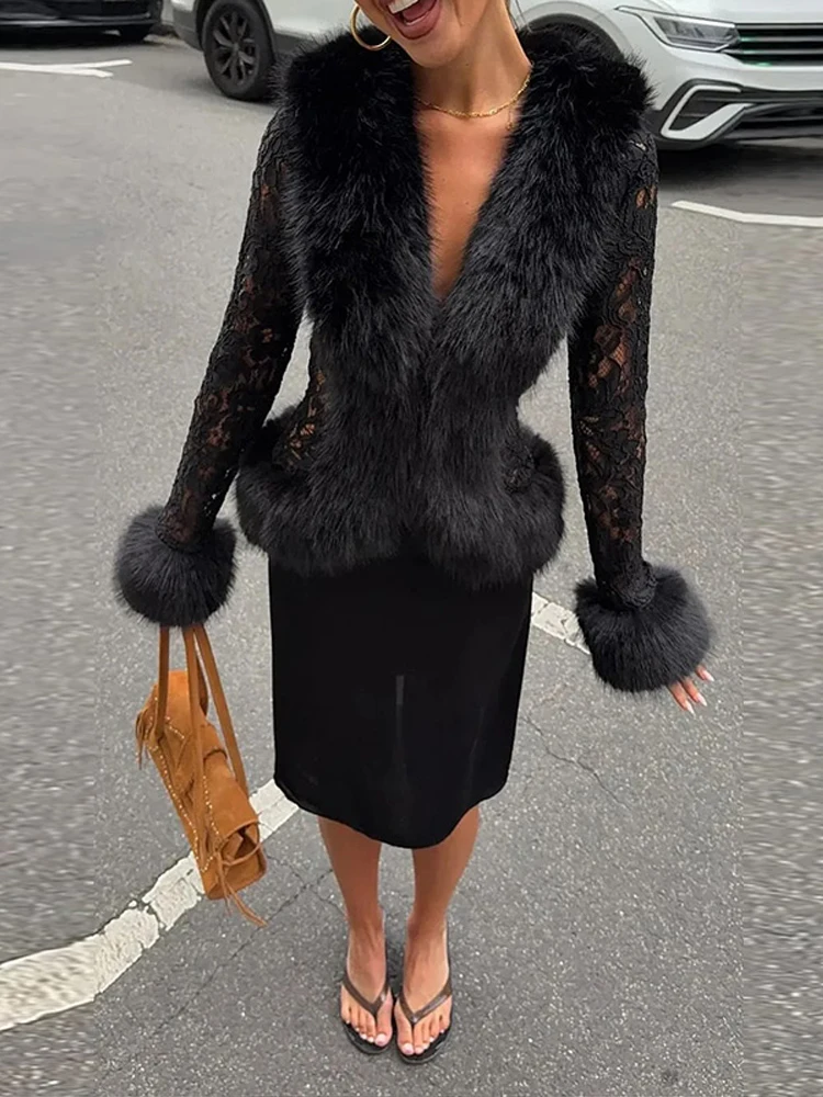 Lace Mesh Splicing Faux Fur Coat V Neck Long Sleeve Slim 2026 Autumn Chic Women Party Street Daily Fashion Ladies Outerwear