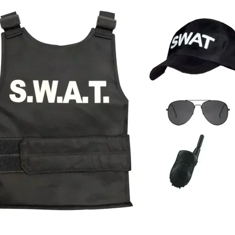 

2026 Kinderen Politie Swat Kogelvrij Vest & Swat Muts Muts Kostuum Kostuum 3-9 Jaar Kinderen Politieagent Kostuum