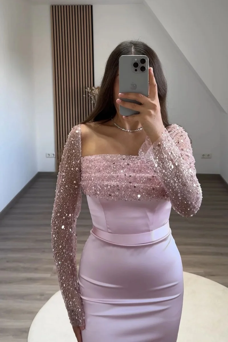 Annie Sweetheart Pink Wedding Dress Satin Long Sleeve Sequins Prom Dresses Mermaid Elegant Lady فساتين سهرة Customized 2025