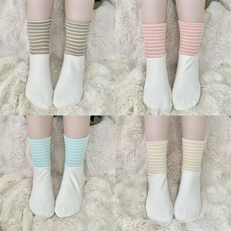 4 Paar mittellange Röhrensocken für Damen im Frühling und Sommer in Übergröße, gestreifte, feuchtigkeitsableitende Socken, einfache, bequeme Socken